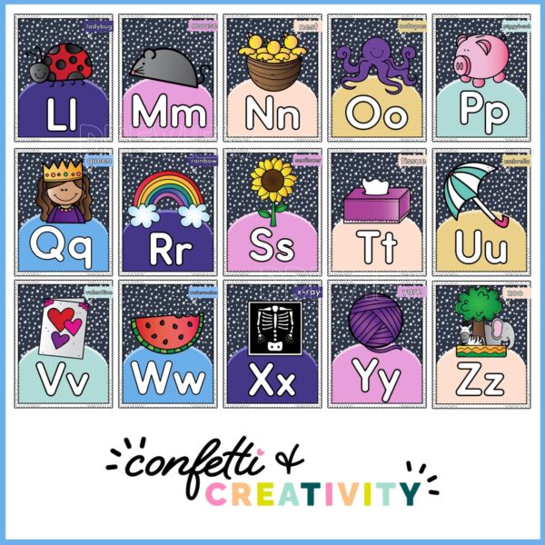 Space Alphabet with Pictures 3 Shows many alphabet posters with pictures on them that match the letter