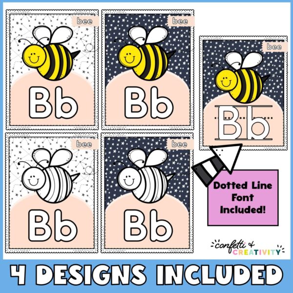 Space Alphabet with Pictures 4 shows multiple versions of the letter B with a bee on it. Includes dotted line fonts, black and white as well as colored clipart
