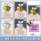 shows multiple versions of the letter B with a bee on it. Includes dotted line fonts, black and white as well as colored clipart