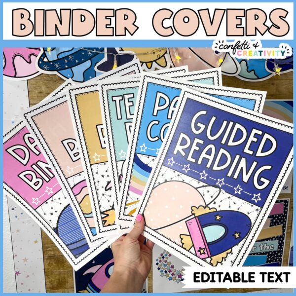 Shows multiple binder covers fanned out with space clipart and the space classroom theme color palette