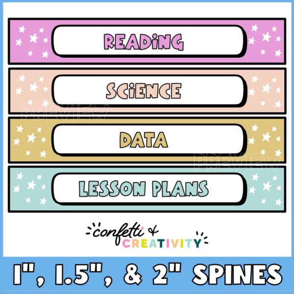 Space Binder Covers 2 Shows different designs for space binder covers. The examples have white stars on the corners, and follow the same color pattern as the space classroom theme