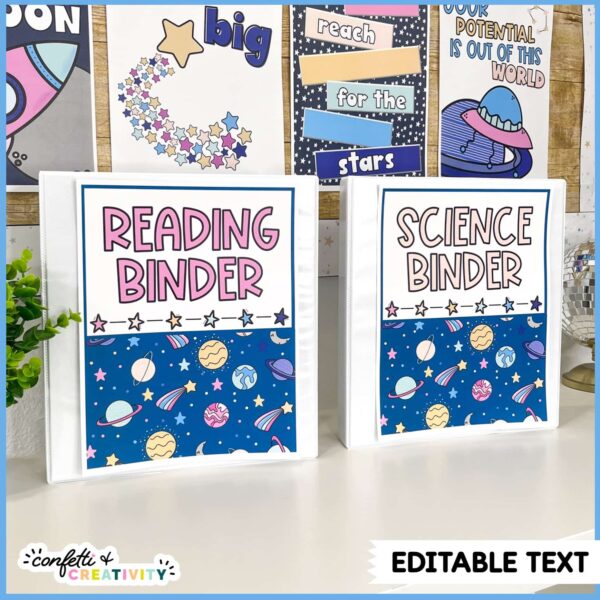 Space Binder Covers 3 Shows two binder covers "reading binder" and "science binder" standing with the space classroom decor in the background