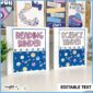 Shows two binder covers "reading binder" and "science binder" standing with the space classroom decor in the background