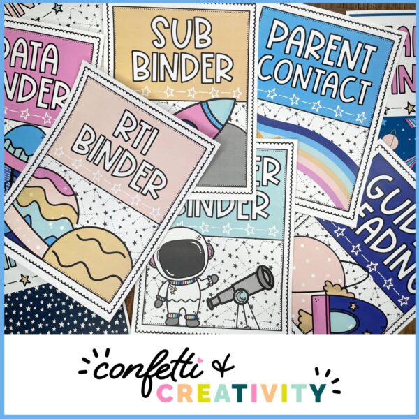 Space Binder Covers 4 Shows different binder covers spread out on the floor