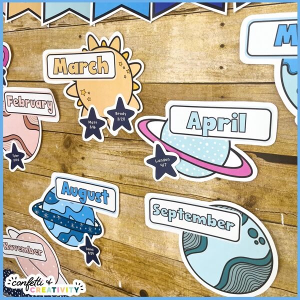 Space Birthday Board 3 Shows a close up of the month April with the clipart, student names