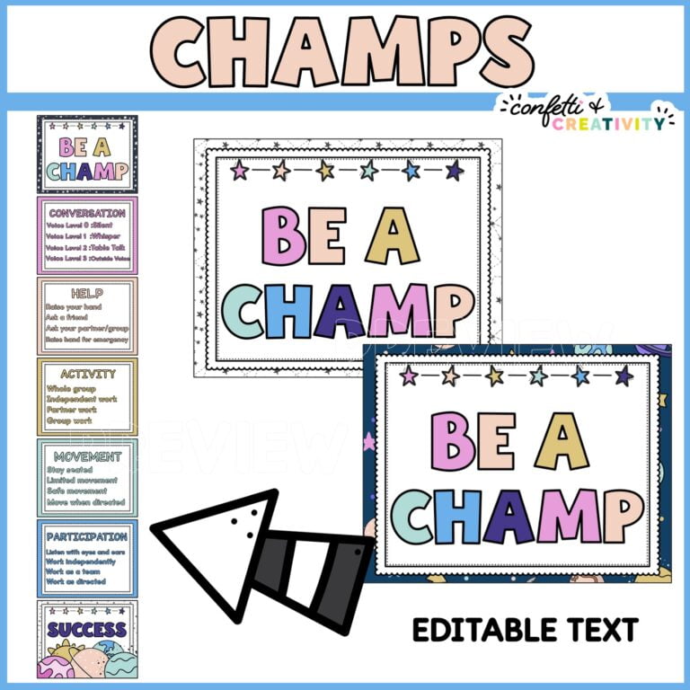 Shows the champs posters stacked on top of each other with the text "Be a Champ" posters on the right
