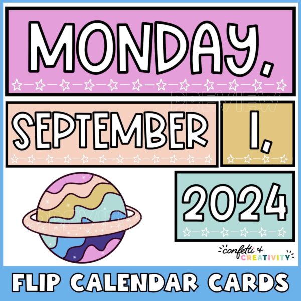 Space Classroom Calendar Pack 2 Shows the space themed flip calendar cards