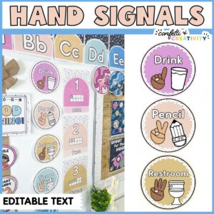 Shows the classroom hand signals up close with sign language clipart and a black and white clipart image