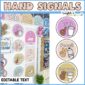 Shows the classroom hand signals up close with sign language clipart and a black and white clipart image