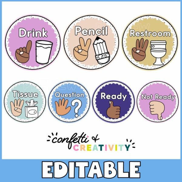 Space Classroom Hand Signals 2 Shows a complete set of hand signal options in the space classroom theme