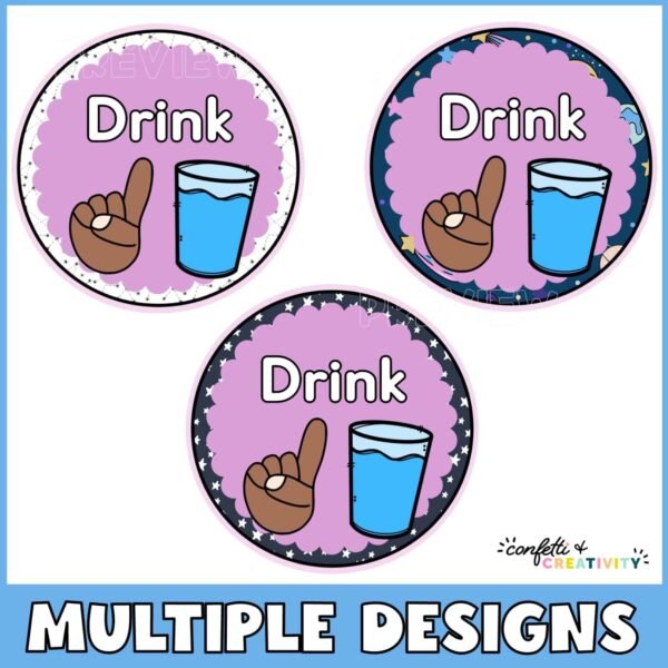 Space Classroom Hand Signals 3 Shows all three versions of design options for the "drink" hand signal