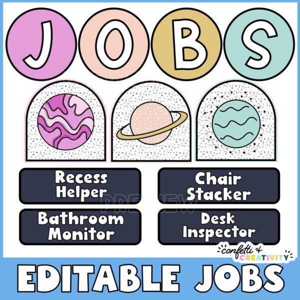 Space Classroom Jobs 2 Shows a banner "jobs" along with planet clipart and jobs underneath