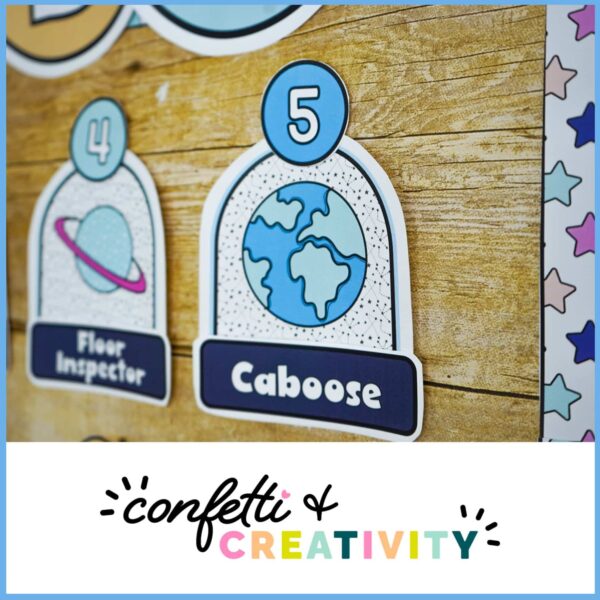 Space Classroom Jobs 3 Shows a close up of the classroom job "caboose" with a planet and number on top of the planet