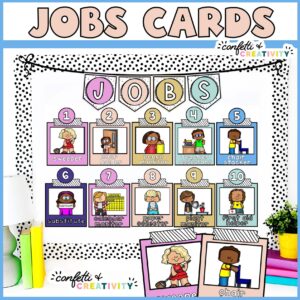 Shows a bulletin board with the classroom jobs set up. Every job comes with clipart to match the text. The bulletin board has a banner "jobs" at the top in the space classroom theme colors