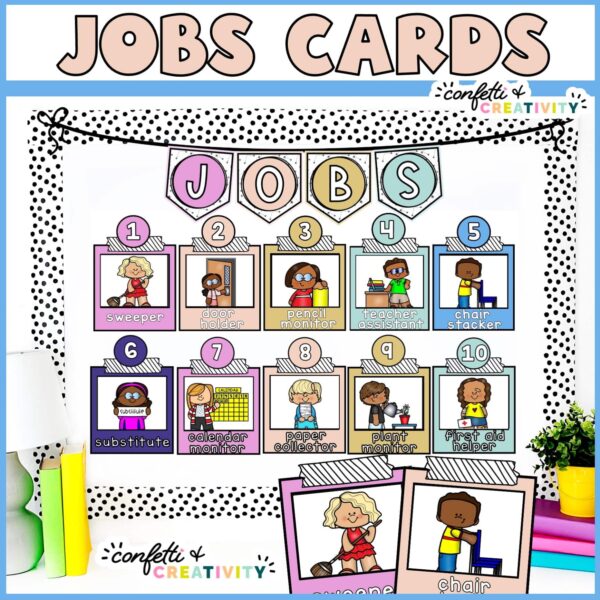 Shows a bulletin board with the classroom jobs set up. Every job comes with clipart to match the text. The bulletin board has a banner "jobs" at the top in the space classroom theme colors
