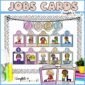 Shows a bulletin board with the classroom jobs set up. Every job comes with clipart to match the text. The bulletin board has a banner "jobs" at the top in the space classroom theme colors