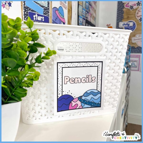 Space Classroom Labels 3 Shows a classroom label "pencil" on a white basket