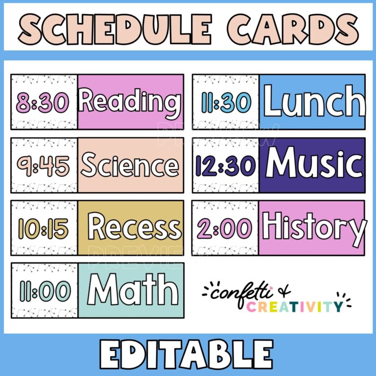 Shows the classroom schedule cards complete with a subject and a time.