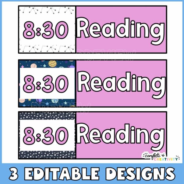 Daily Classroom Schedule Cards 2 Shows 3 different versions of the classroom schedule design. Includes the same colors as the space classroom theme
