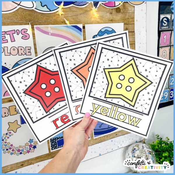 Space Color Posters 4 Shows the space classroom theme color posters. Each color has a start