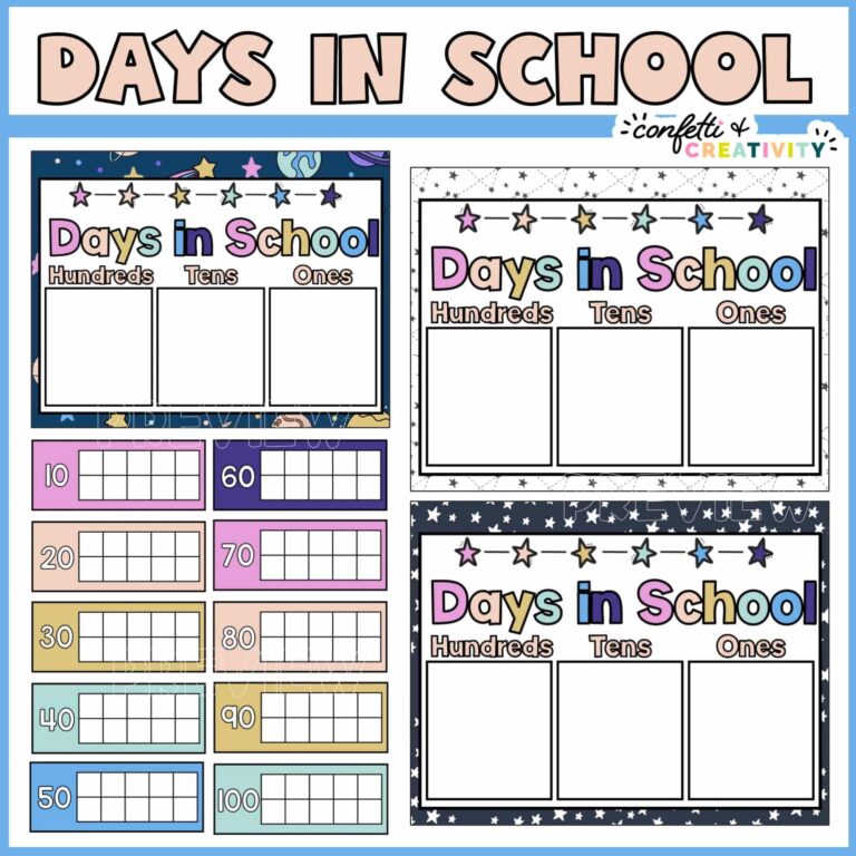 Shows the ten frames and posters to track the days in school tally. All products are in the space classroom decor bundle color scheme