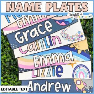 Shows the space themed desk name plates for students. Includes multiple fanned out designs sitting on a green grass panel to show full colors