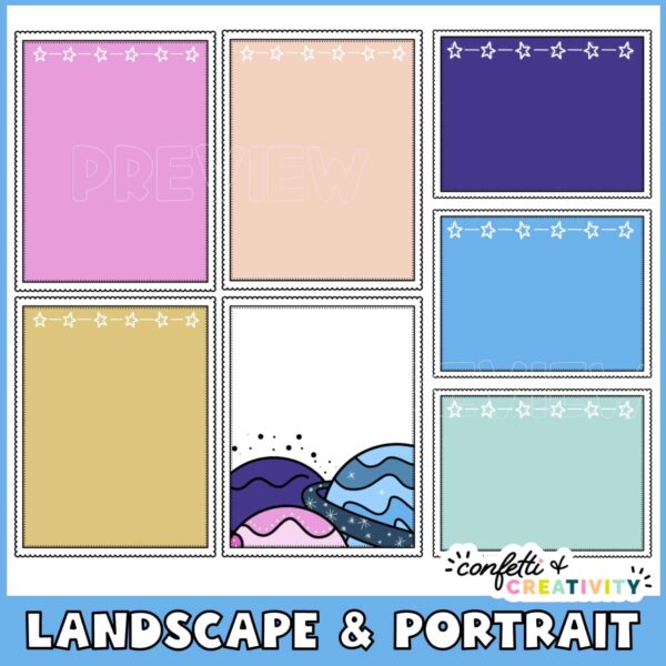 Editable Classroom Posters 2 Shows multiple space classroom theme colored posters as well as a white poster with planet clipart