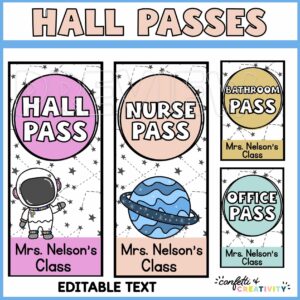 Shows multiple versions of the space themed hall passes including large and small versions