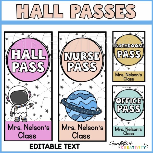 Shows multiple versions of the space themed hall passes including large and small versions