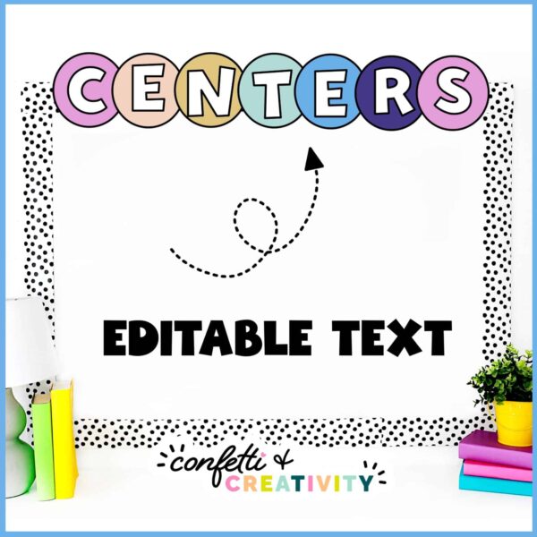 Space Headers 2 Shows an example of the "centers" header on top of a bulletin board with black and white polka dot borders