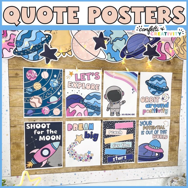 Shows the quote posters on a bulletin board with a planet banner and the text "Quote Posters" at the top of the image