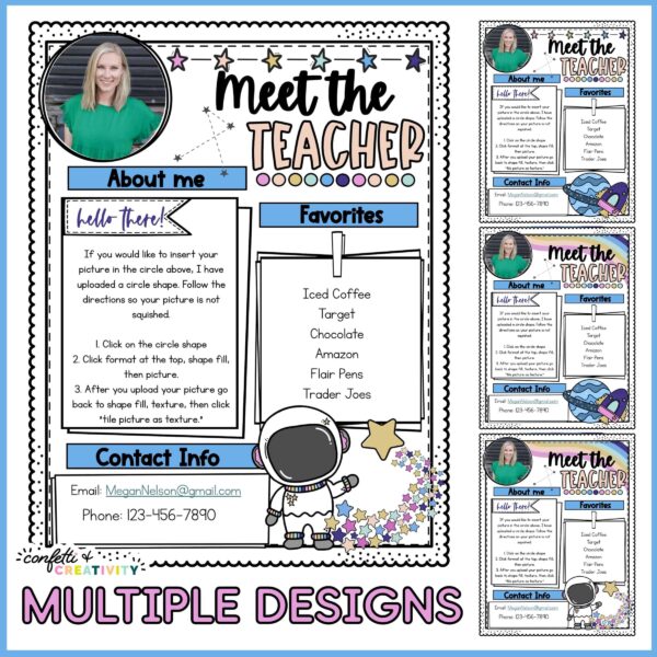 Space-Meet the Teacher Template 2 Shows a large version of the space meet the teacher template along with the two other design options