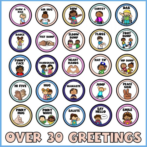 Space Morning Greeting Signs 3 Shows 25 different greeting sign options with the text "Over 30 cards" at the bottom of the image. All the greeting signs come in the same colors as the space classroom decor bundle