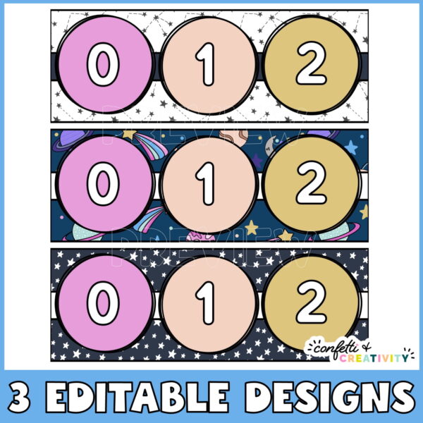 Space Number Line 2 Shows three different number line designs. One is white background with black stars, another is a black background with white stars, and third is a colorful space background with planets