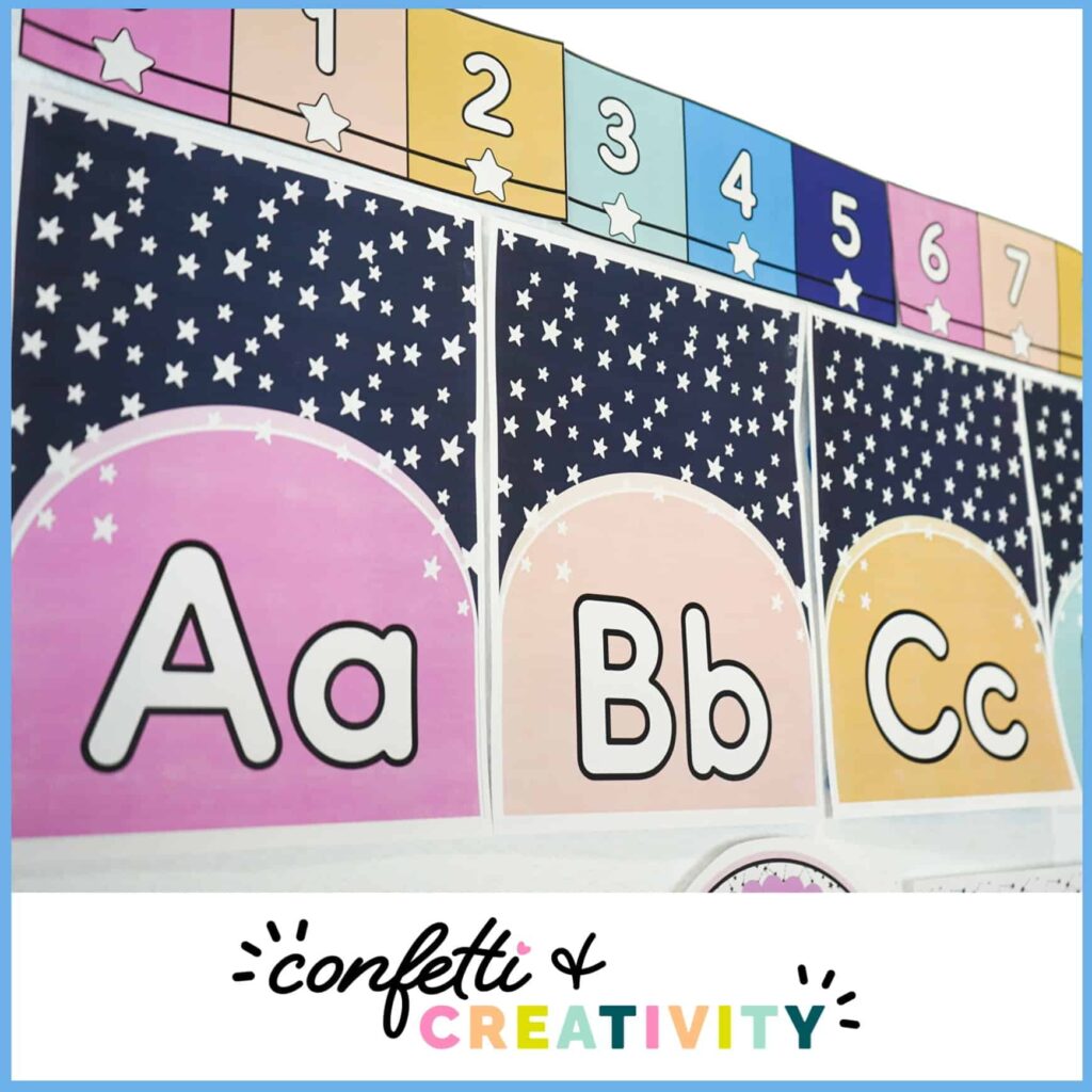 Shows an alternative design for the number line above the space themed alphabet posters