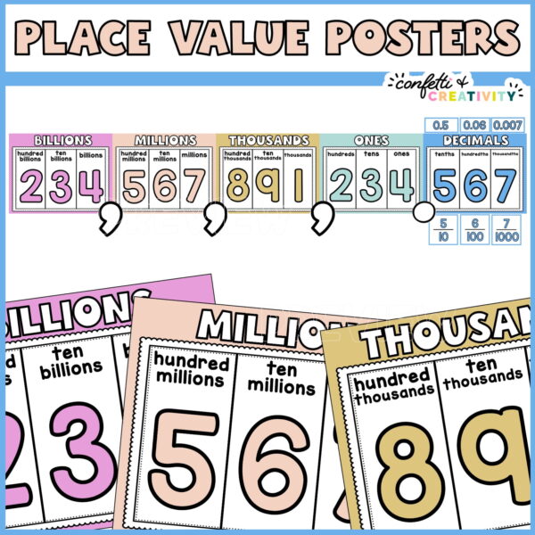 Shows the entire space classroom theme set of place value posters.
