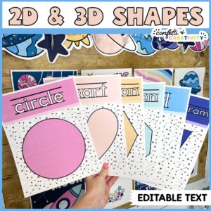 Shows the fanned out shape posters with the space classroom theme bulletin board in the background