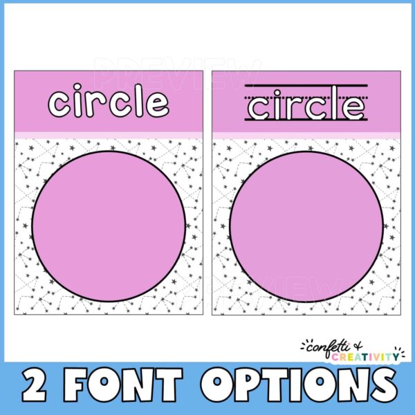 Space Shape Posters - Font Options Shows two different circle shape posters. One has a standard font, and the second has a dotted line font