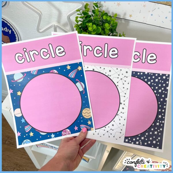Space Shape Posters - Example Circle Posters Shows three different circle posters. Each circle is pink