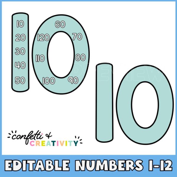 Space Skip Counting Numbers 2 Shows the number 10 with and without multiples on them. Both are in a light green color to match the rest of the space classroom theme color palette