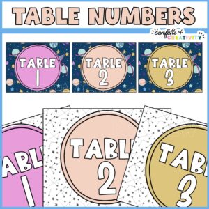 Shows two different designs of table numbers. One design is dark with planets, the second design is black and white with stars in motion