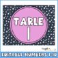 Shows the third design option for table numbers with a black sky and white stars. The example shown is for table number 1 with a pink circle on it