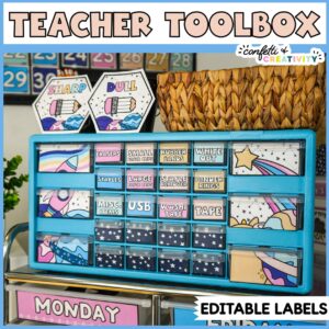 Shows the space teacher toolbox. The toolbox is spray painted a pretty blue color
