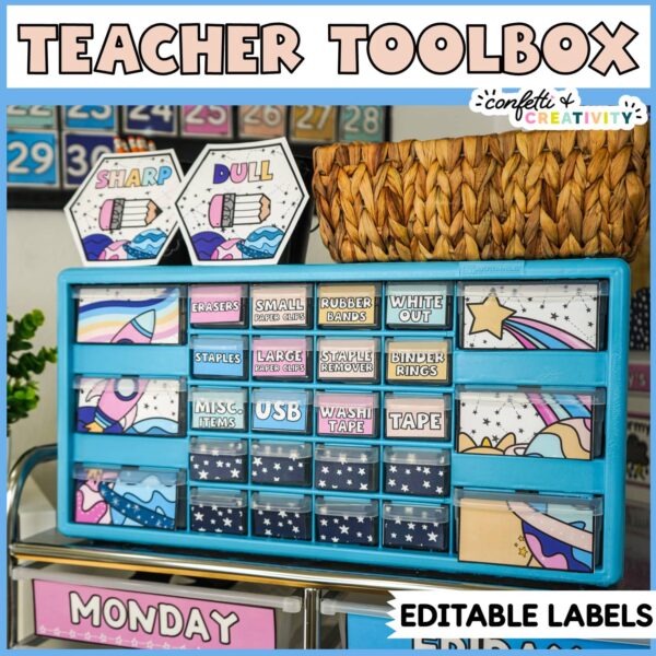 Shows the space teacher toolbox. The toolbox is spray painted a pretty blue color
