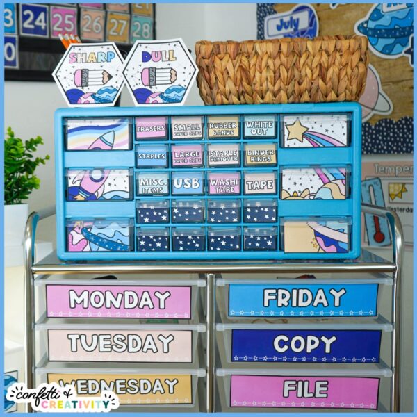 Space Teacher Toolbox 3 Shows a real life photo of the space teacher toolbox set up while sitting on the space 10 drawer cart labels, and more space classroom decor in the background