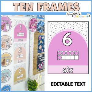 Shows ten frame cards. Has a zoomed in version of the number 6 as well as real life picture of what they look like on the wall