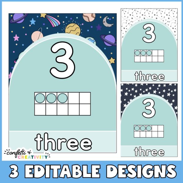 Space Ten Frames 2 Shows all three design options for ten frames using the number 3 as an example