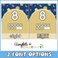 Shows two different versions of the number 8. One version has standard text, the other version has a dotted line font text