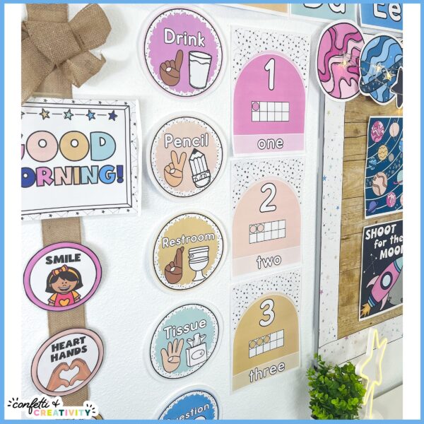 Space Ten Frames 4 Shows what the ten frame posters 1 and 2 look like next to many other space classroom decor items