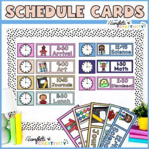 Shows all of the visual schedule cards set up on a bulletin board for a teacher to use. Each subject has clipart, a subject, and a clock. The bulletin board has a black and white polka dot border